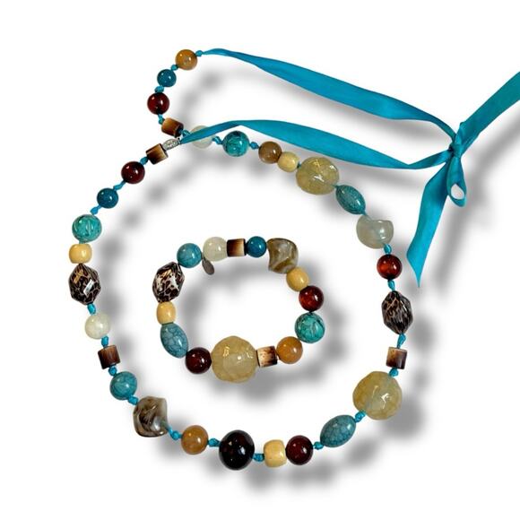 Cookie Lee Necklace Bracelet Set Beaded Faux Stone Teal Tan Multi 18” Length - Picture 4 of 14